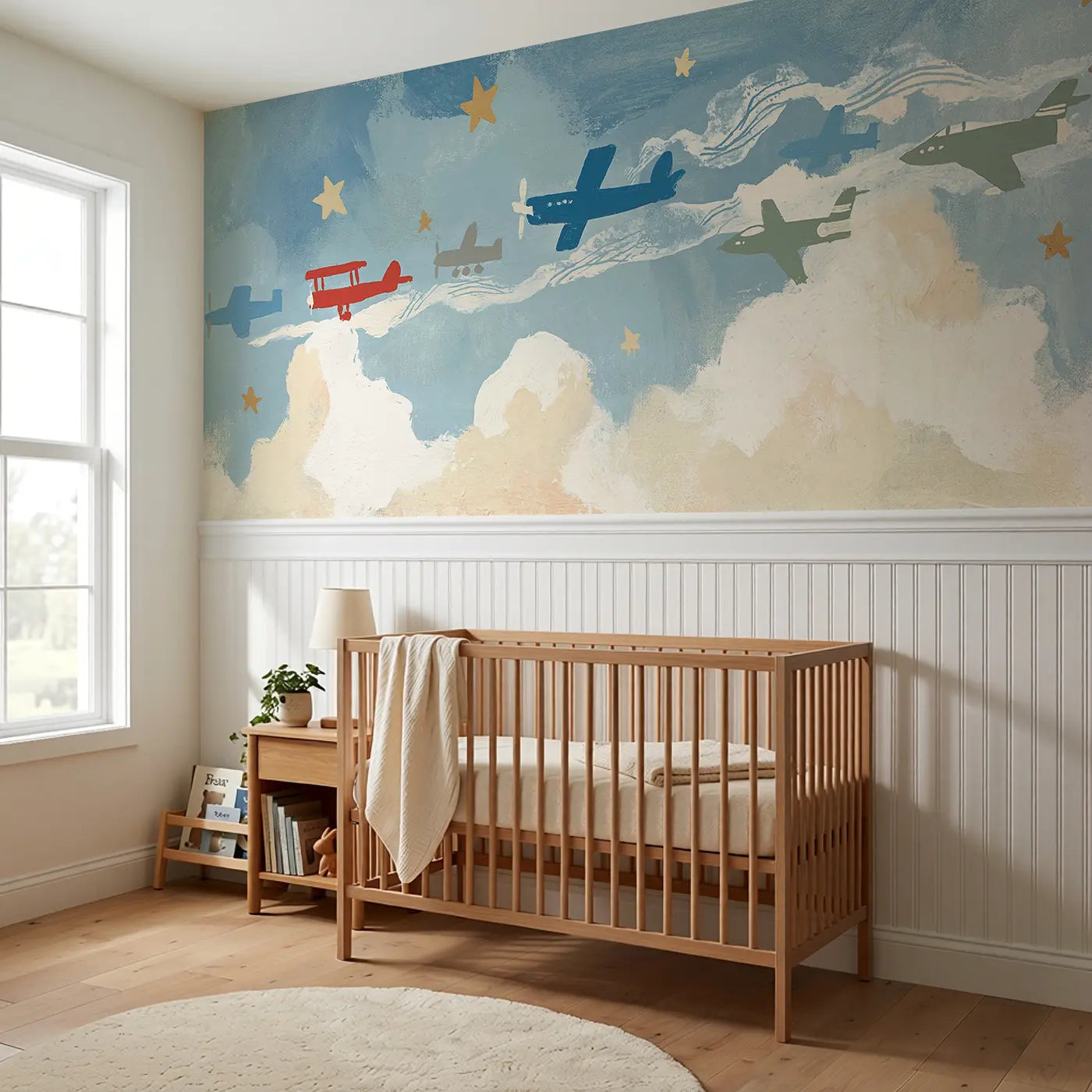Flat Vintage Car Row Wainscoting Wallpaper styled in a kids bedroom by Whimsy Tots