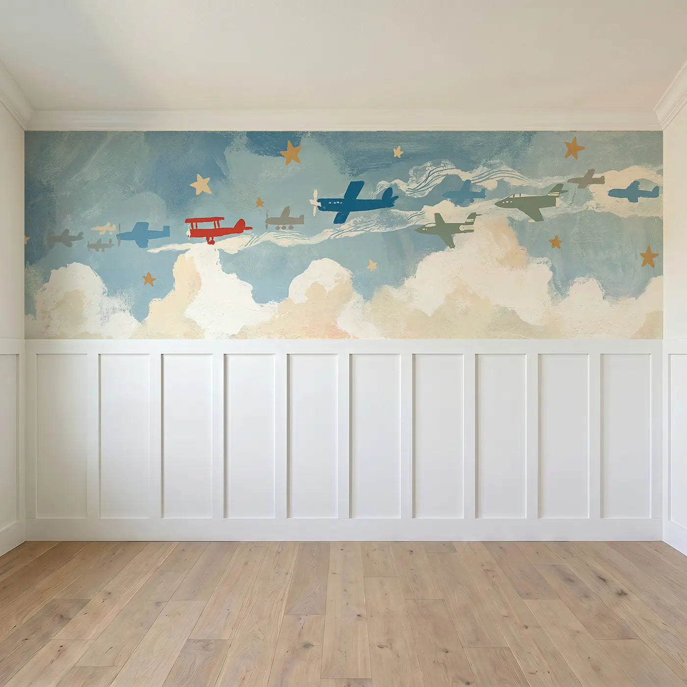 Full panel view of Flat Vintage Car Row Wainscoting Wallpaper by Whimsy Tots