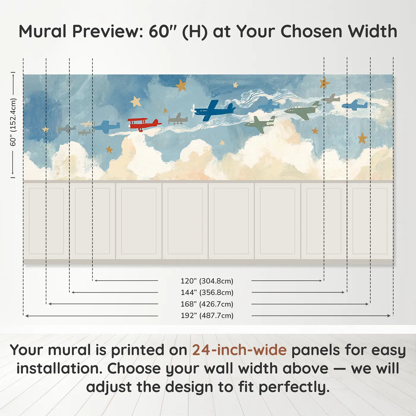 Panel dimensions for Flat Vintage Car Row Wainscoting Wallpaper by Whimsy Tots