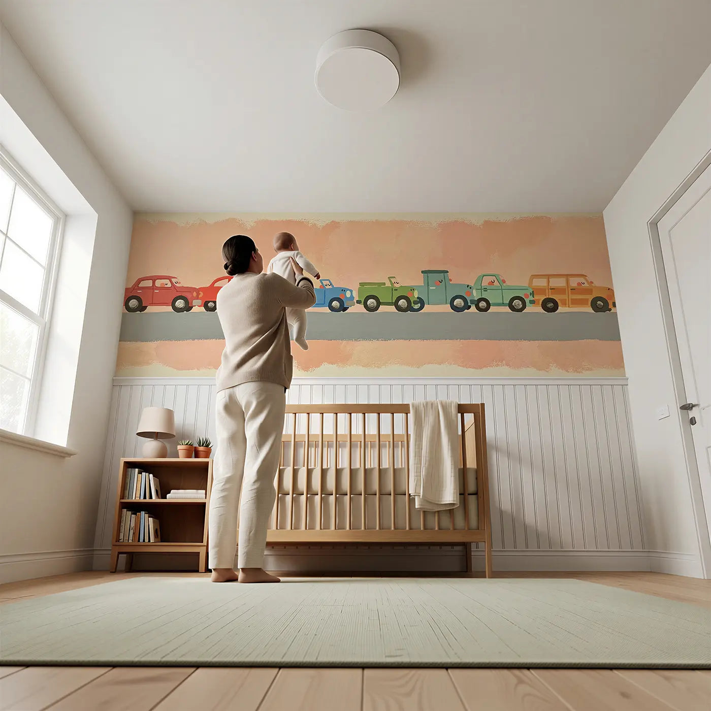 Child reading near Bold Airplane Sky Fleet Wainscoting Wallpaper by Whimsy Tots