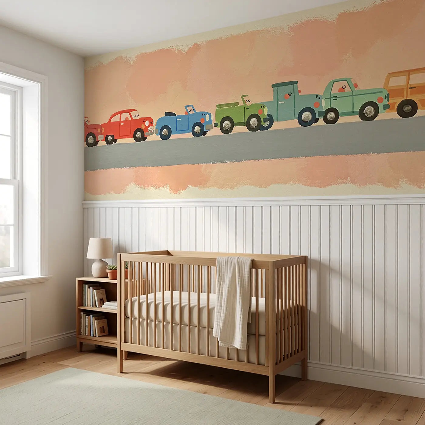Bold Airplane Sky Fleet Wainscoting Wallpaper styled in a kids bedroom by Whimsy Tots