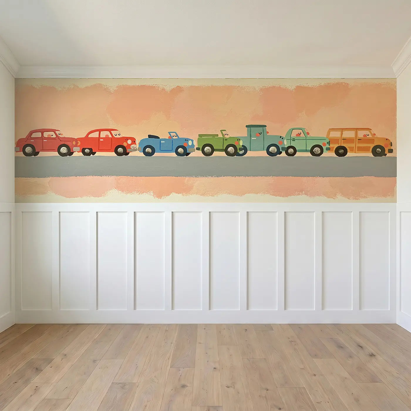 Full panel view of Bold Airplane Sky Fleet Wainscoting Wallpaper by Whimsy Tots