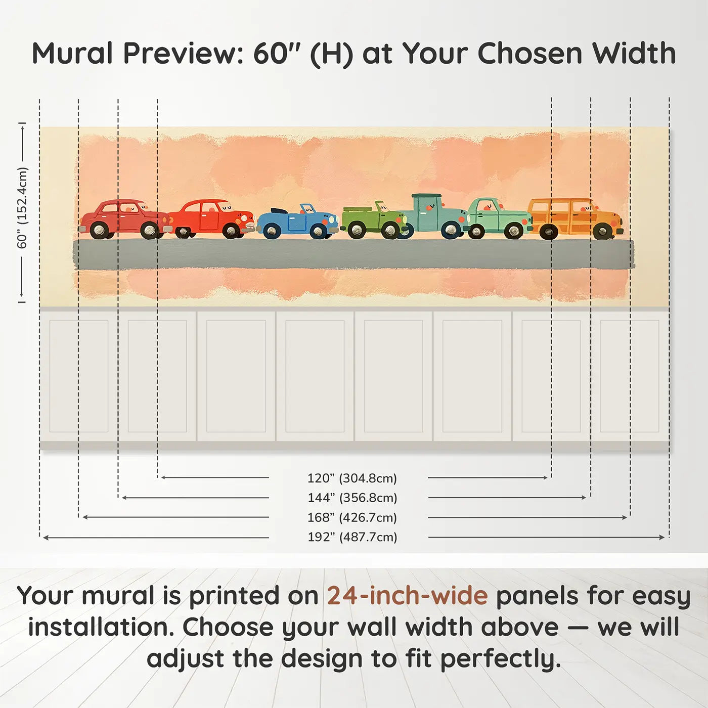 Panel dimensions for Bold Airplane Sky Fleet Wainscoting Wallpaper by Whimsy Tots
