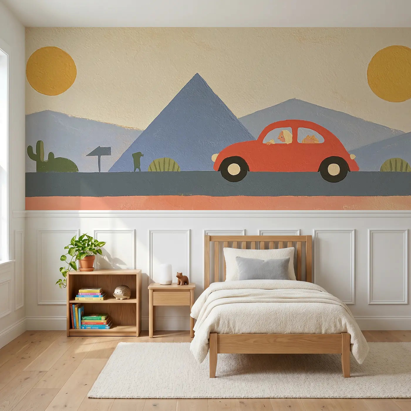 Modern Illustration graphic road trip adventure wainscoting wallpaper for bedroom by Whimsy Tots