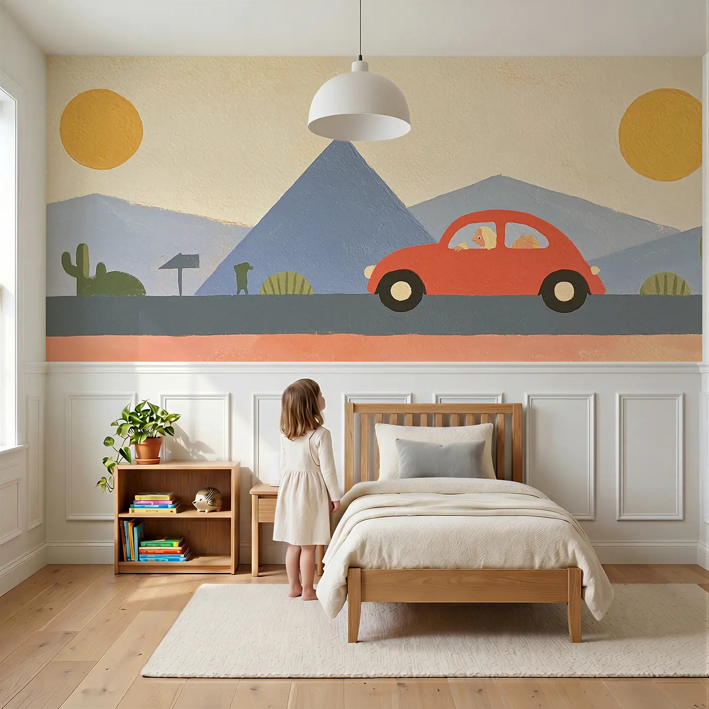 Child reading near Graphic Road Trip Adventure Wainscoting Wallpaper by Whimsy Tots