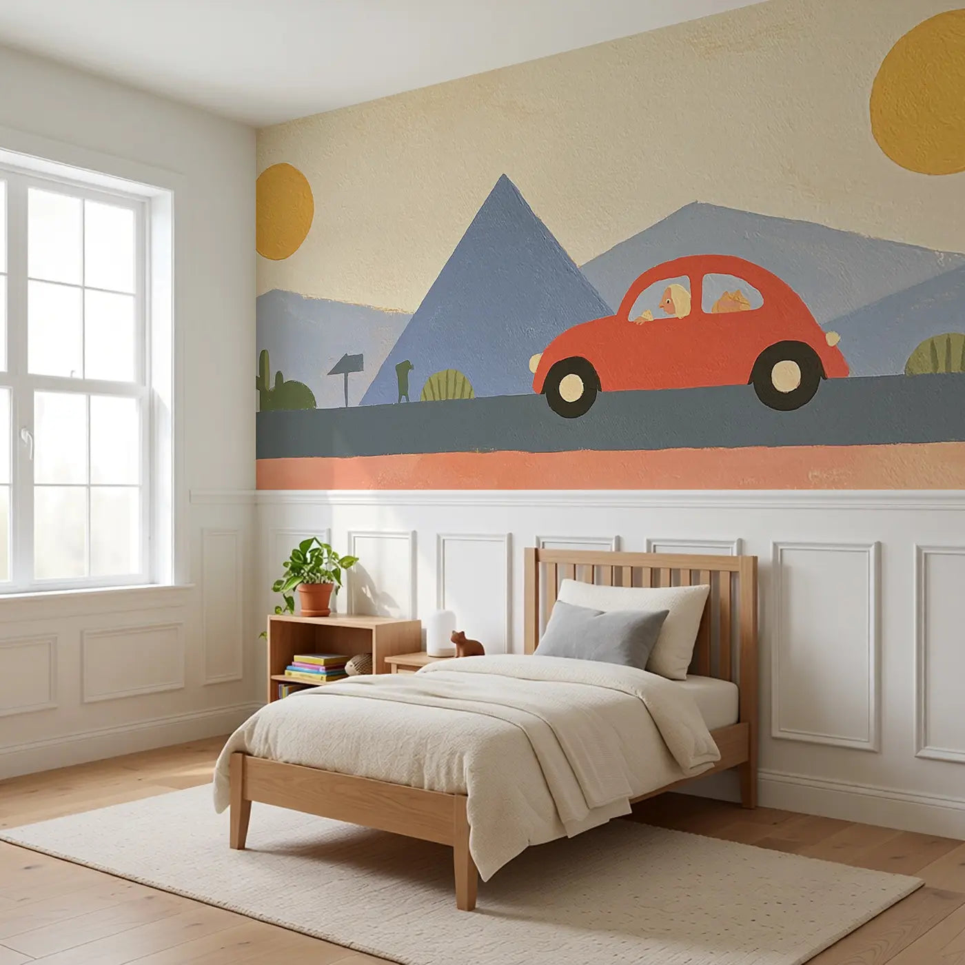 Graphic Road Trip Adventure Wainscoting Wallpaper styled in a kids bedroom by Whimsy Tots