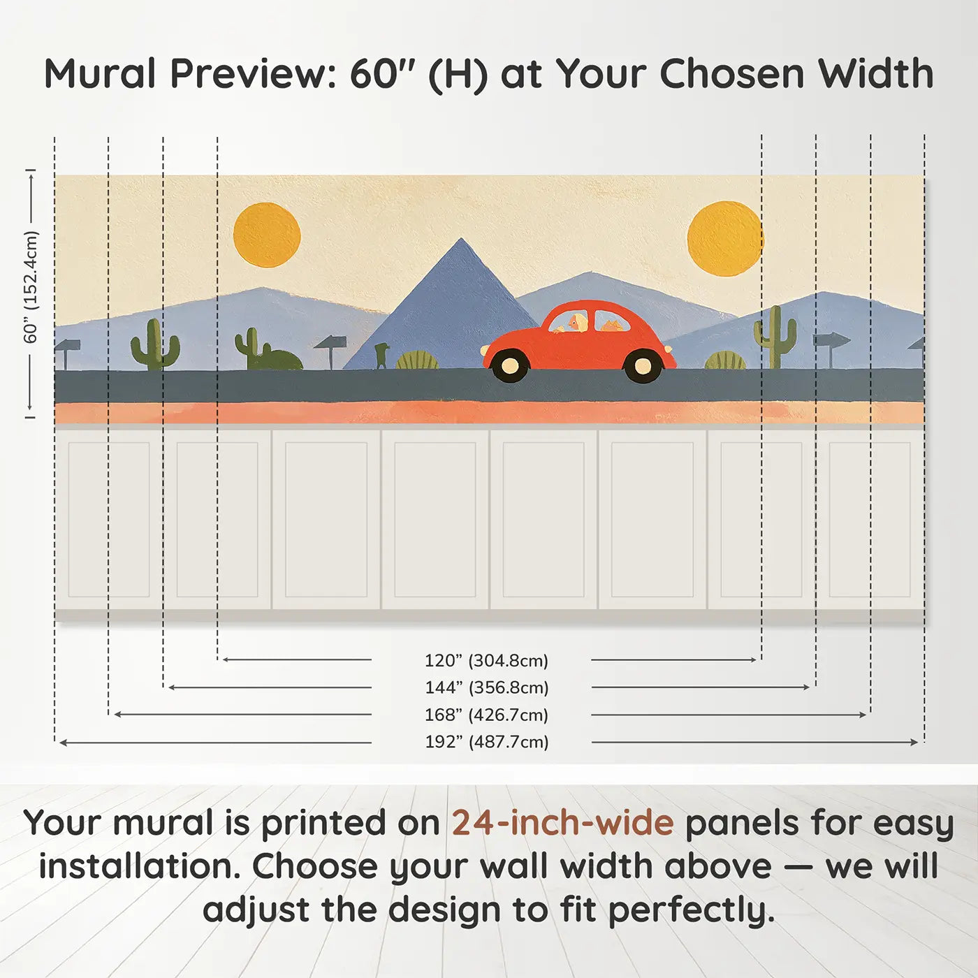 Panel dimensions for Graphic Road Trip Adventure Wainscoting Wallpaper by Whimsy Tots