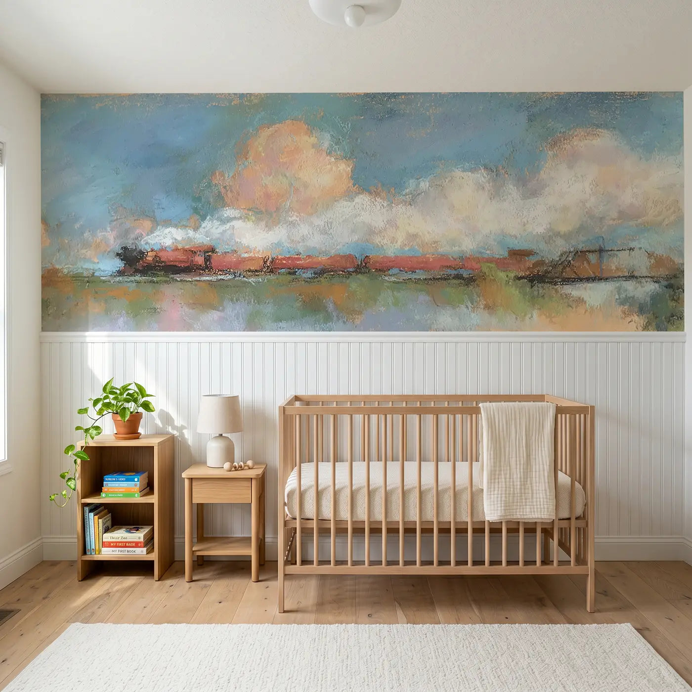 Soft Pastel chalk train journey wainscoting wallpaper for nursery by Whimsy Tots