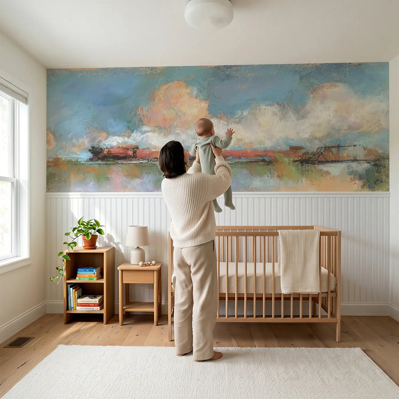 Child reading near Chalk Train Journey Soft Wainscoting Wallpaper by Whimsy Tots