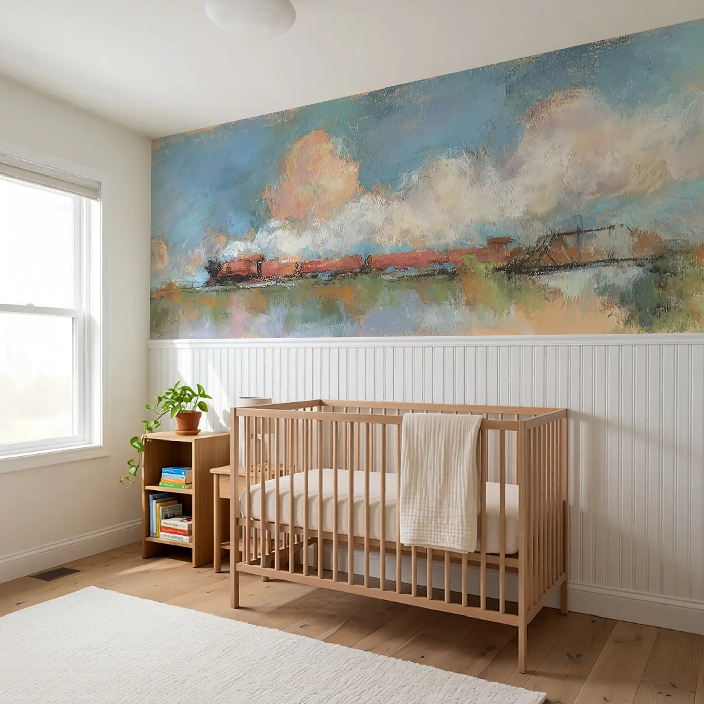 Chalk Train Journey Soft Wainscoting Wallpaper styled in a kids bedroom by Whimsy Tots