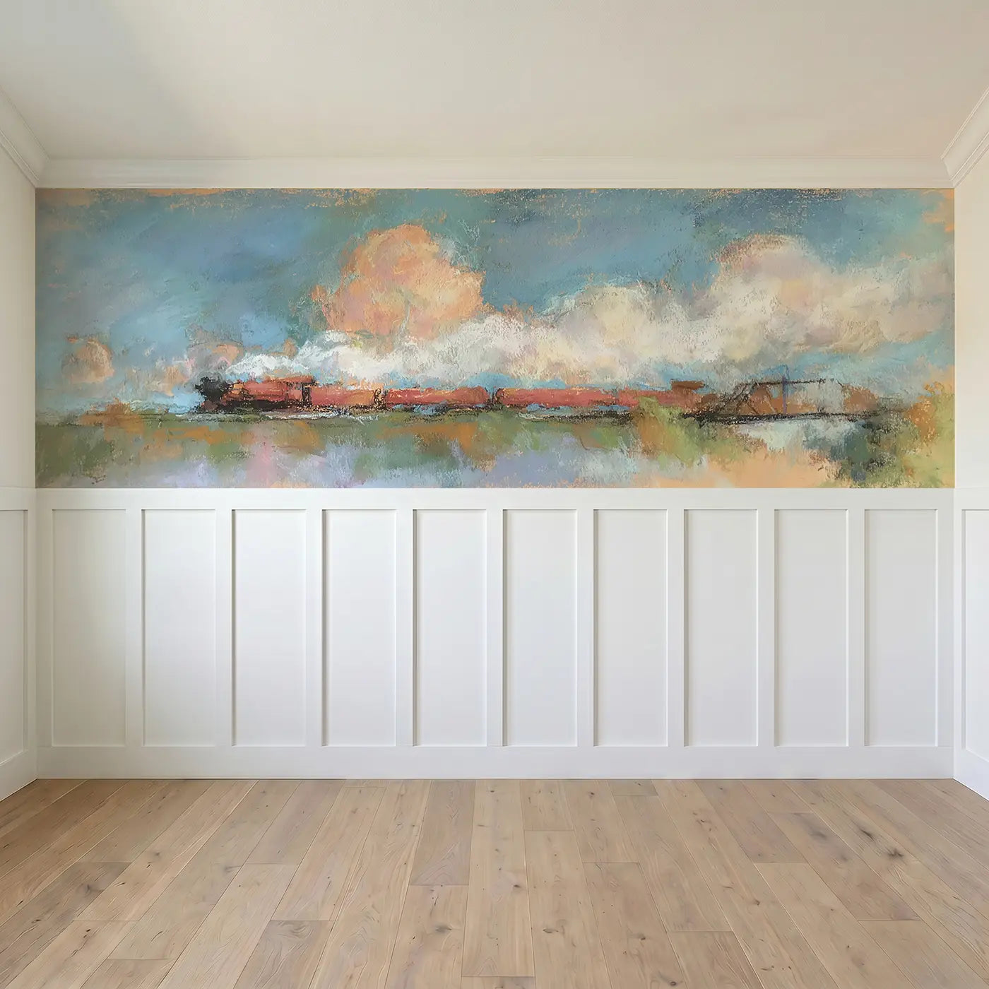 Full panel view of Chalk Train Journey Soft Wainscoting Wallpaper by Whimsy Tots