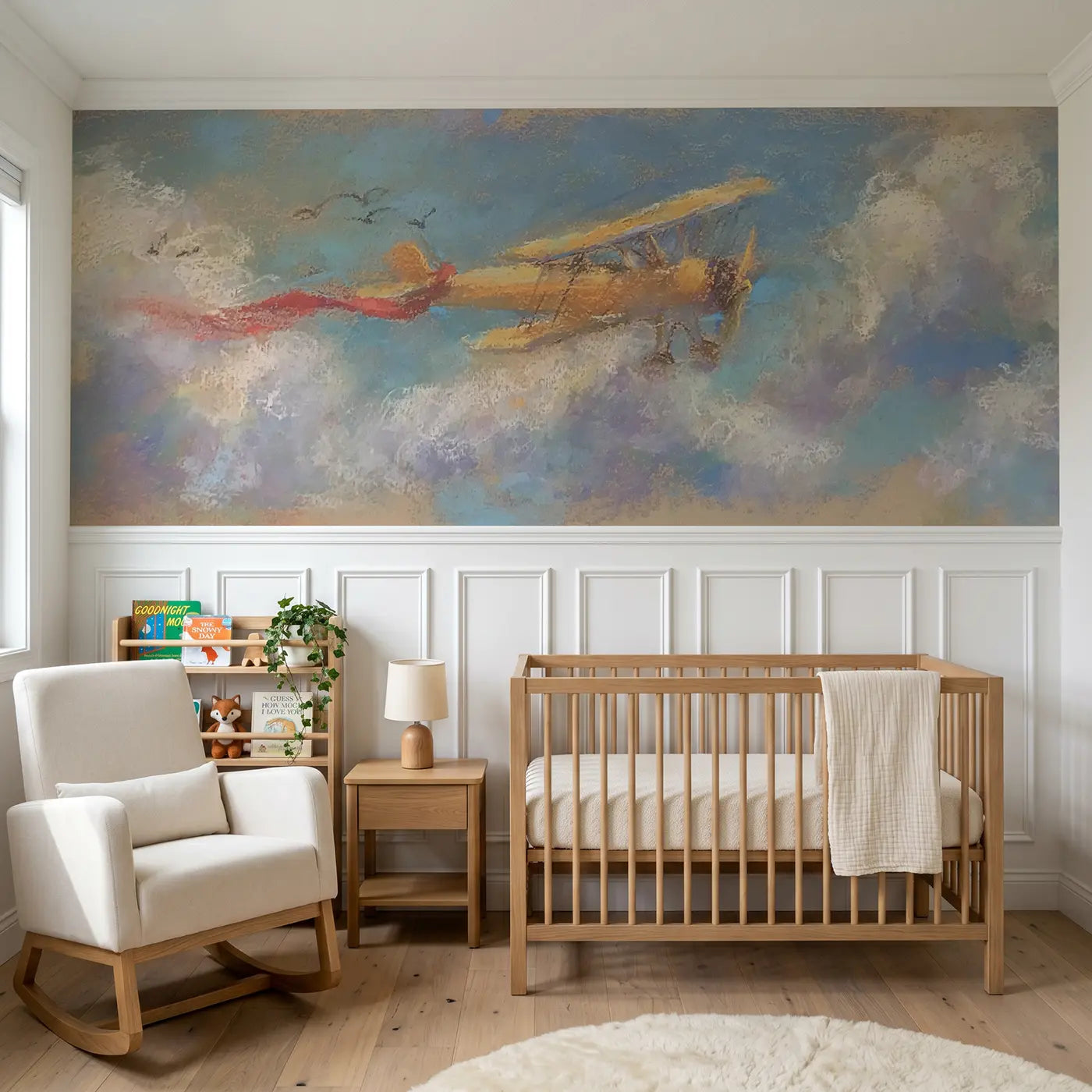Soft Pastel chalk biplane cloud float wainscoting wallpaper for nursery by Whimsy Tots