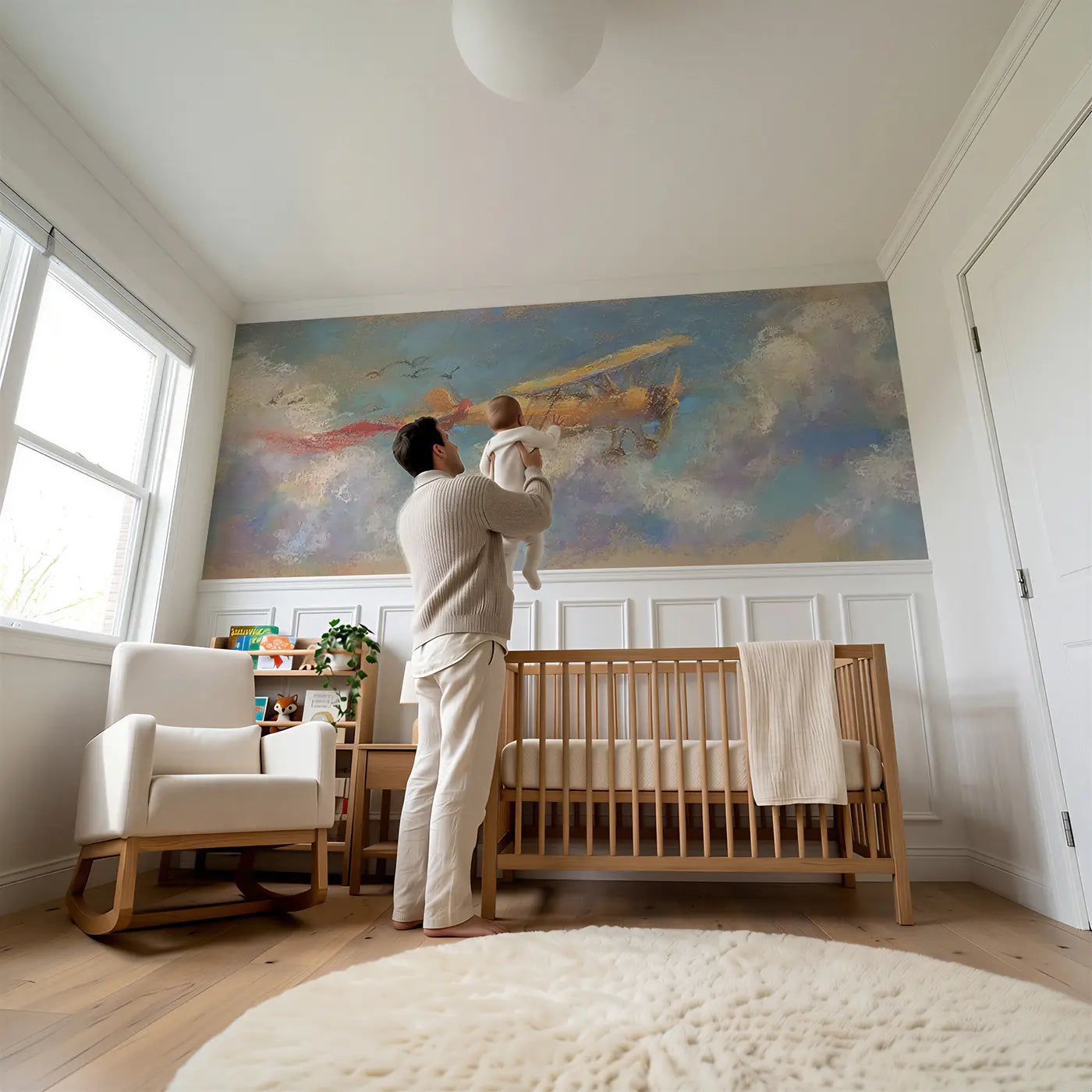 Child reading near Pastel Biplane Cloud Float Wainscoting Wallpaper by Whimsy Tots