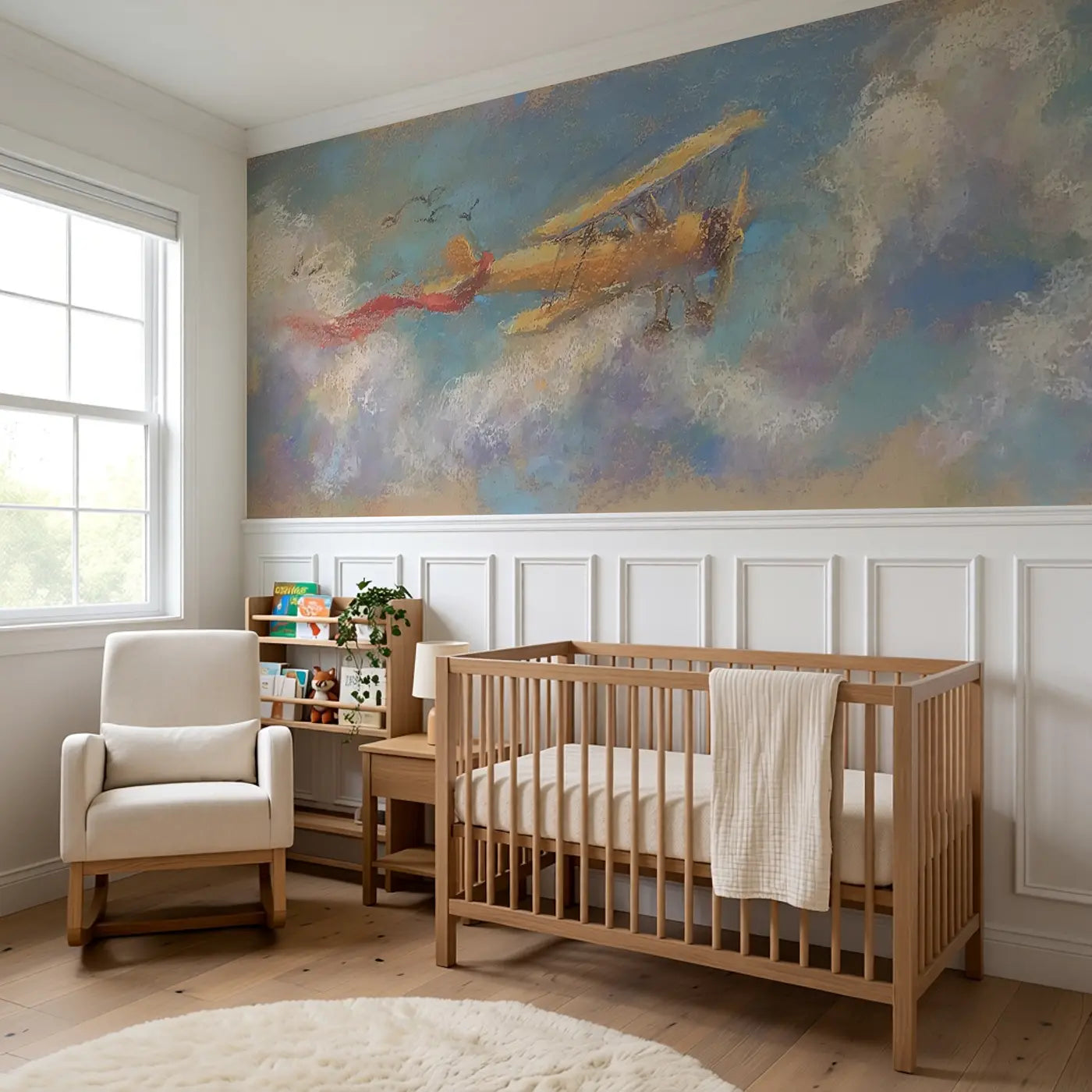 Pastel Biplane Cloud Float Wainscoting Wallpaper styled in a kids bedroom by Whimsy Tots