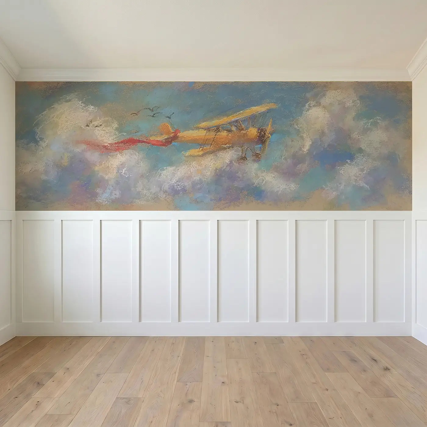 Full panel view of Pastel Biplane Cloud Float Wainscoting Wallpaper by Whimsy Tots