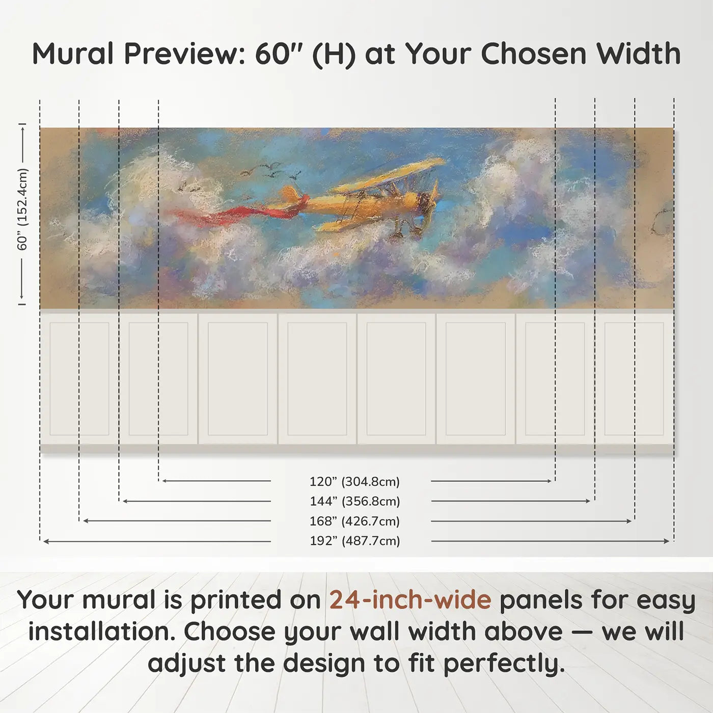 Panel dimensions for Pastel Biplane Cloud Float Wainscoting Wallpaper by Whimsy Tots
