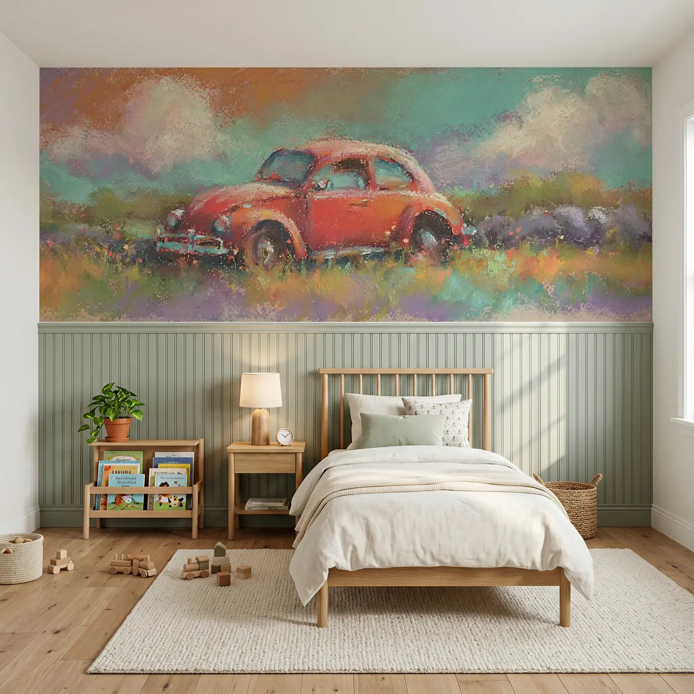 Soft Pastel chalk vintage car country wainscoting wallpaper for bedroom by Whimsy Tots