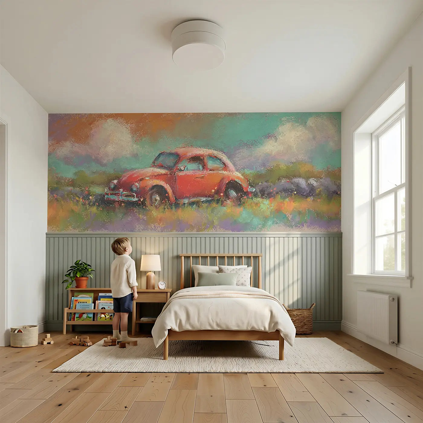 Child reading near Chalk Vintage Car Country Wainscoting Wallpaper by Whimsy Tots