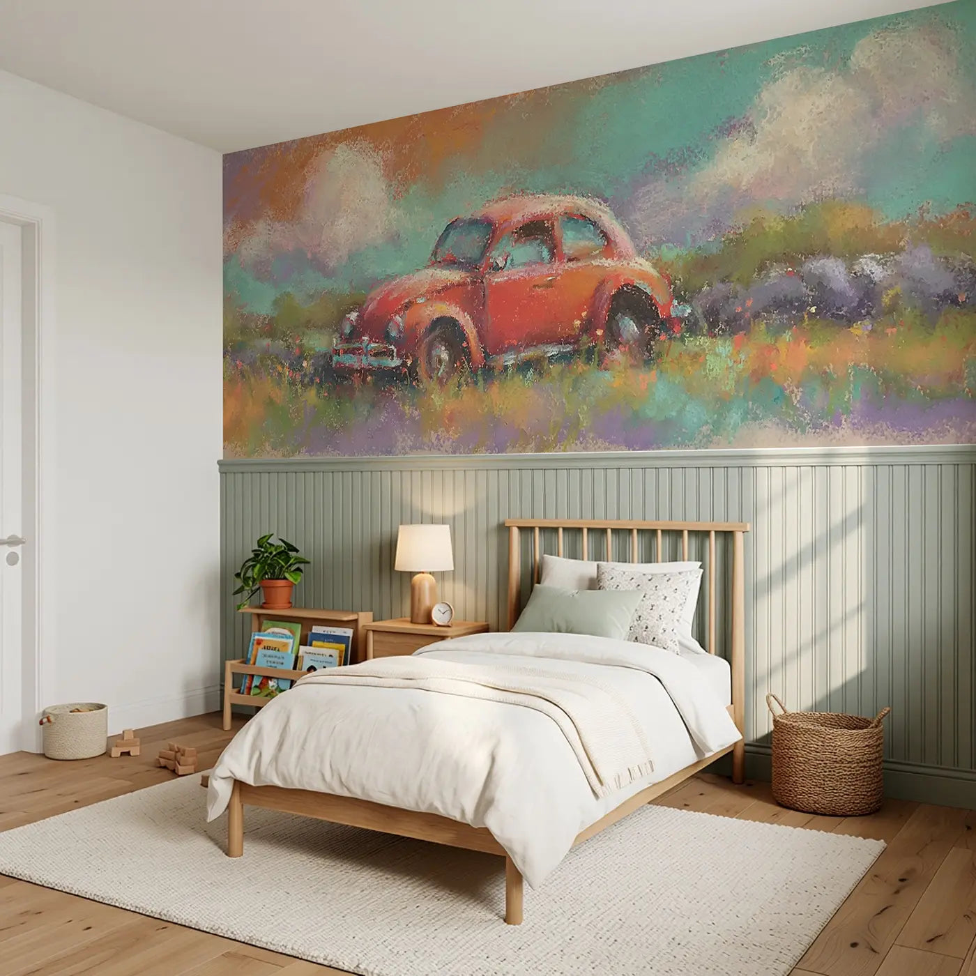 Chalk Vintage Car Country Wainscoting Wallpaper styled in a kids bedroom by Whimsy Tots