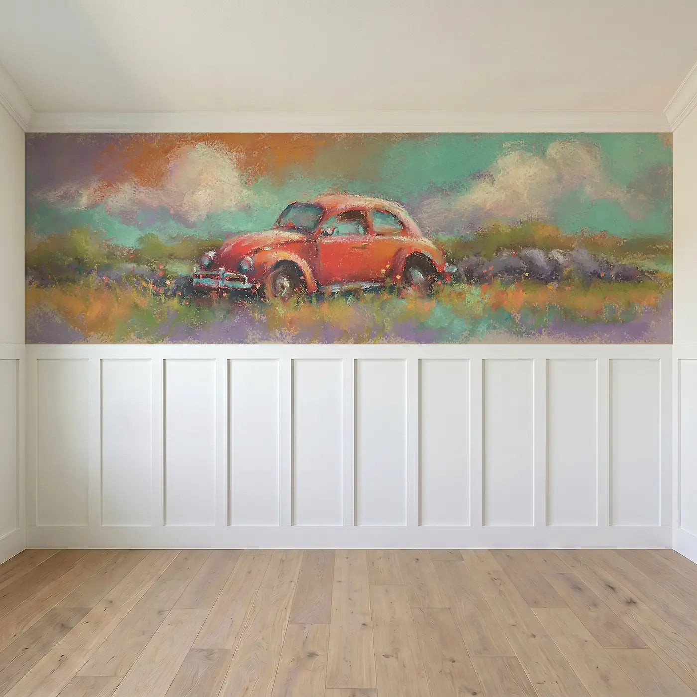 Full panel view of Chalk Vintage Car Country Wainscoting Wallpaper by Whimsy Tots