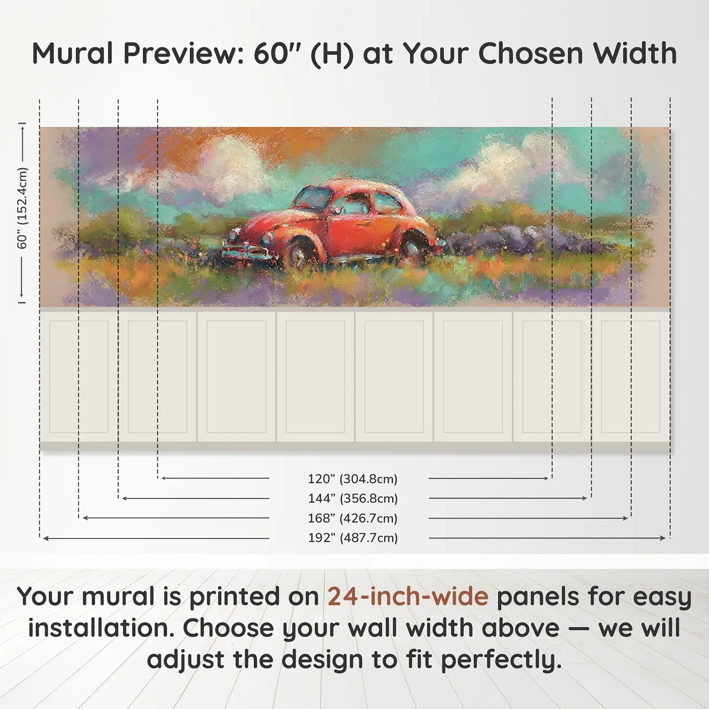 Panel dimensions for Chalk Vintage Car Country Wainscoting Wallpaper by Whimsy Tots