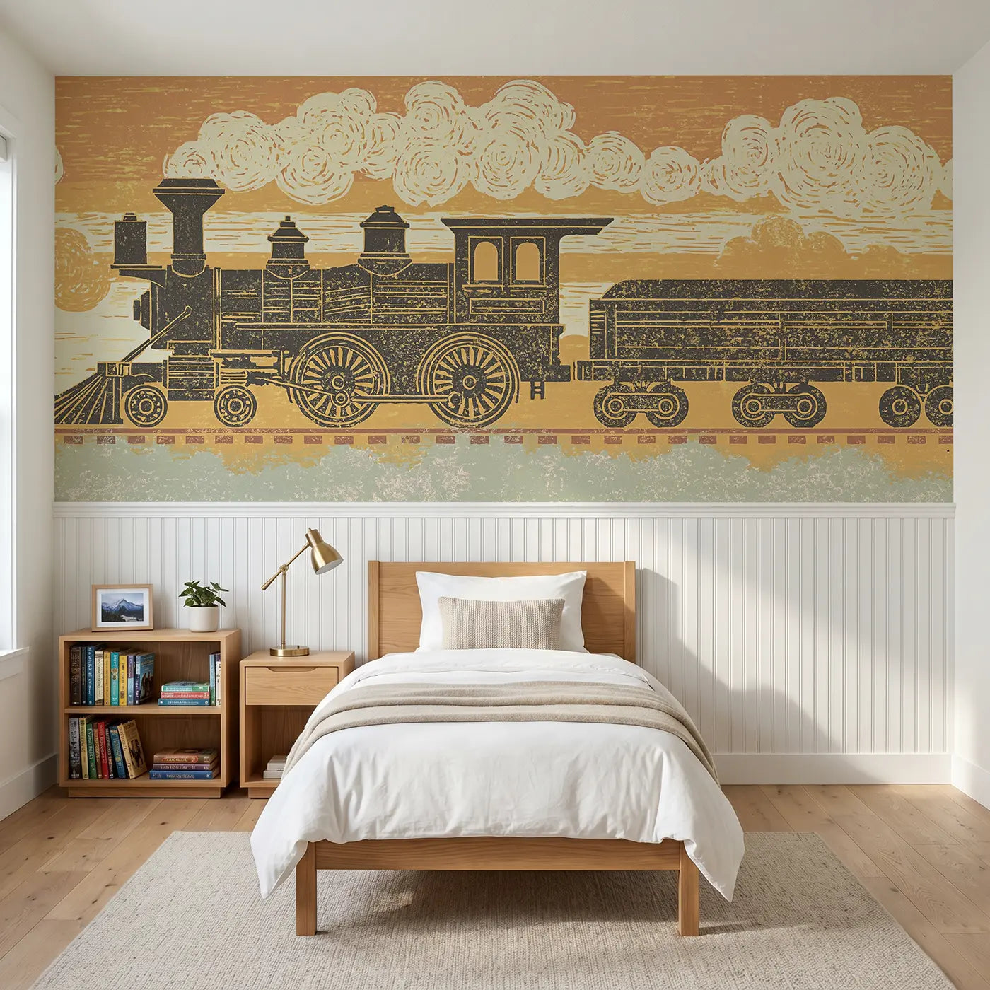 Block Print carved steam train band wainscoting wallpaper for bedroom by Whimsy Tots