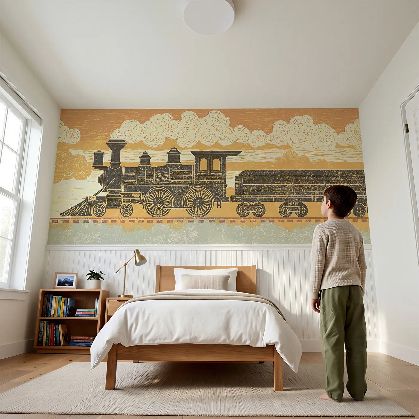 Child reading near Carved Steam Train Band Wainscoting Wallpaper by Whimsy Tots