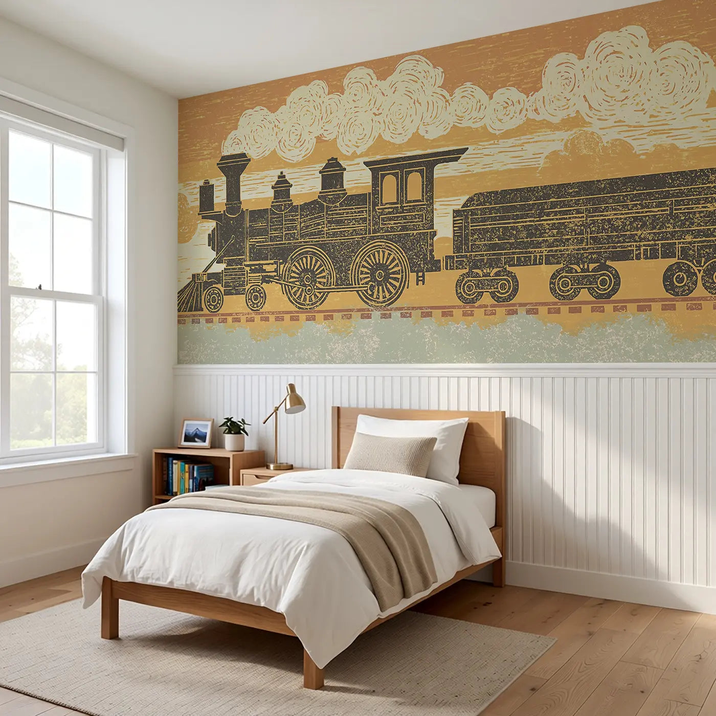 Carved Steam Train Band Wainscoting Wallpaper styled in a kids bedroom by Whimsy Tots