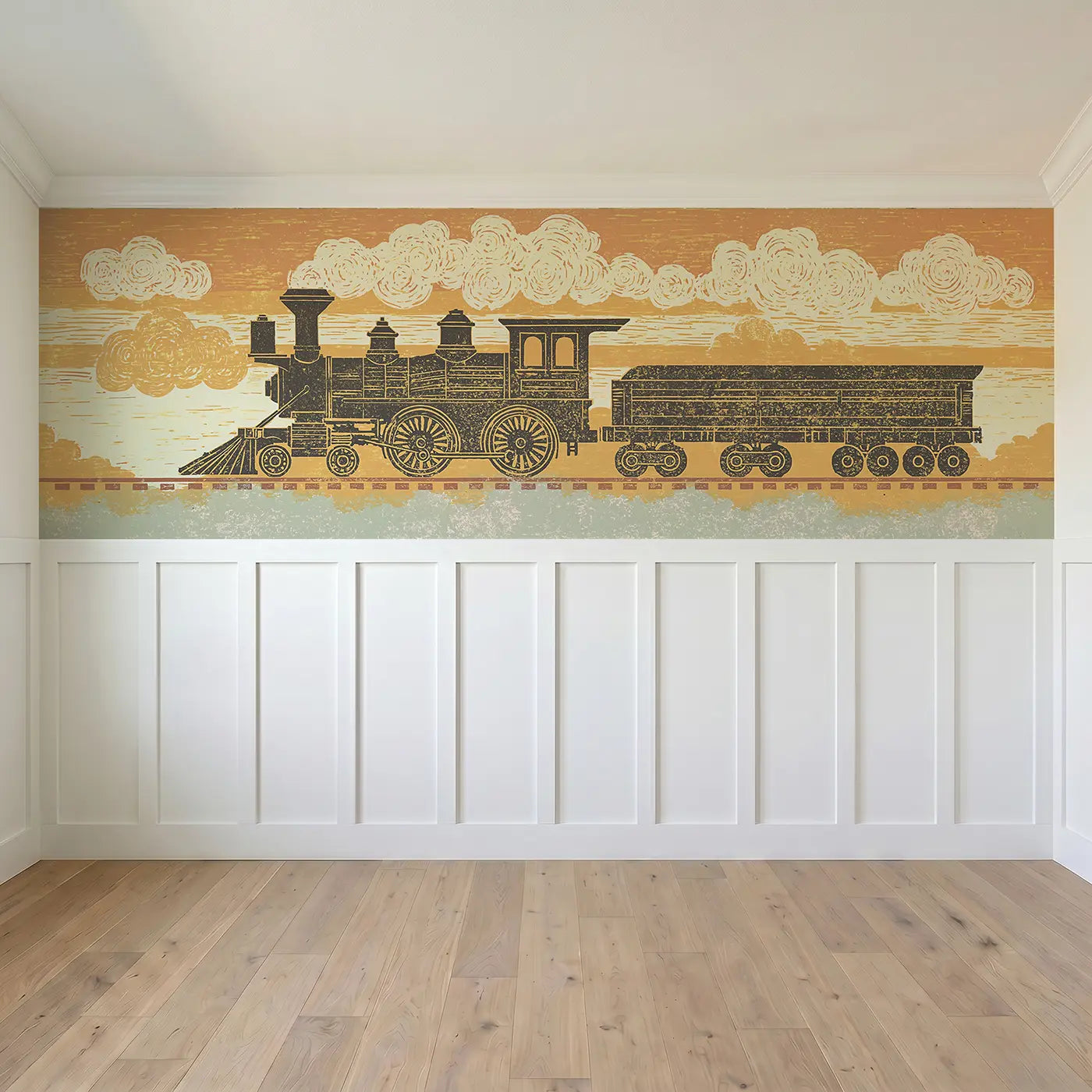 Full panel view of Carved Steam Train Band Wainscoting Wallpaper by Whimsy Tots