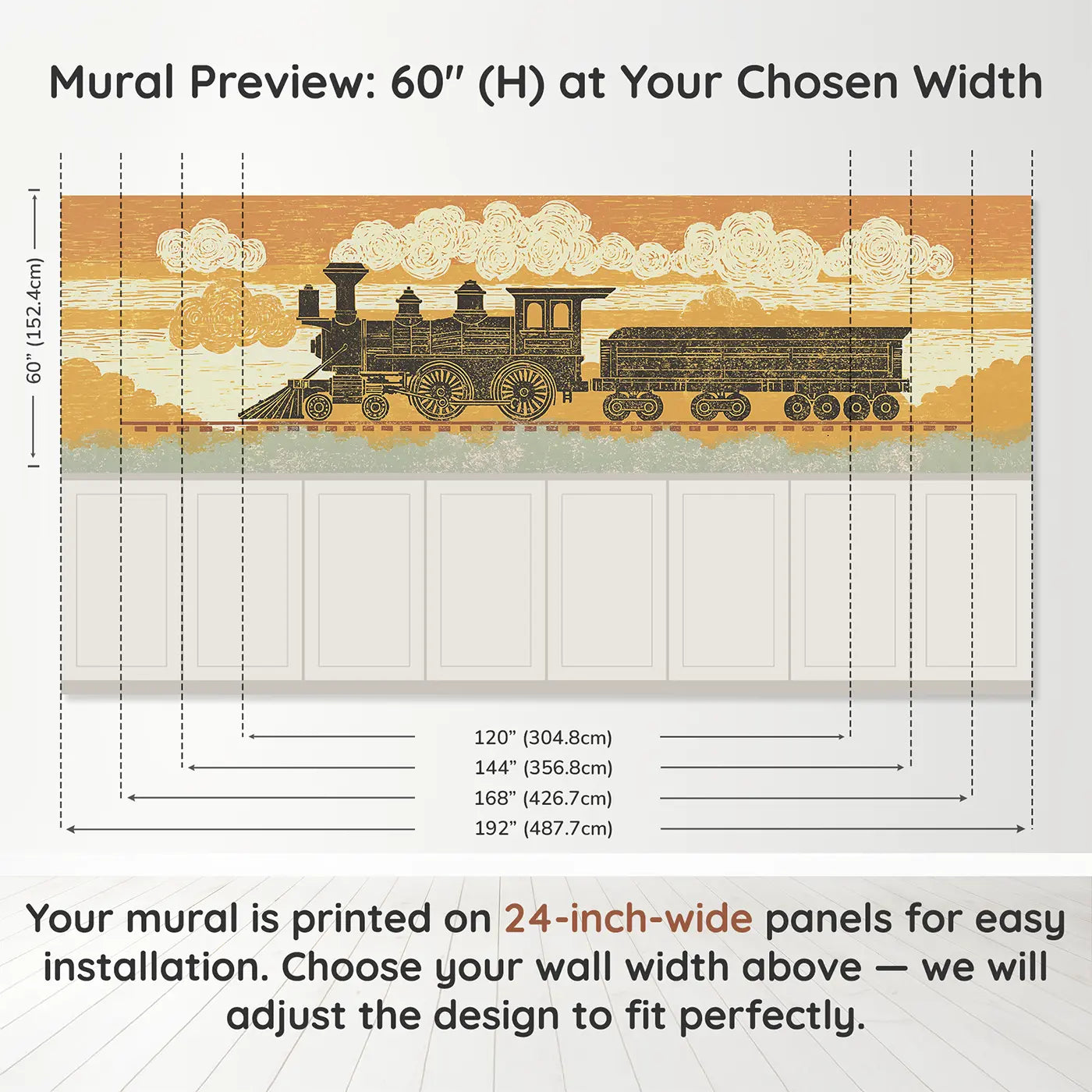 Panel dimensions for Carved Steam Train Band Wainscoting Wallpaper by Whimsy Tots