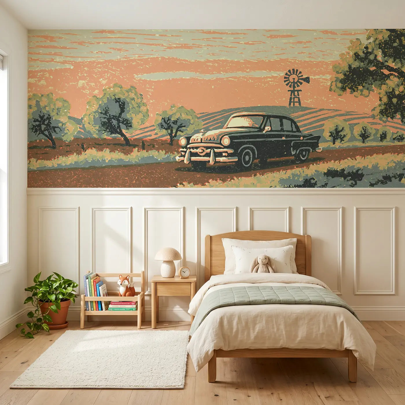 Block Print car countryside wainscoting wallpaper for bedroom by Whimsy Tots