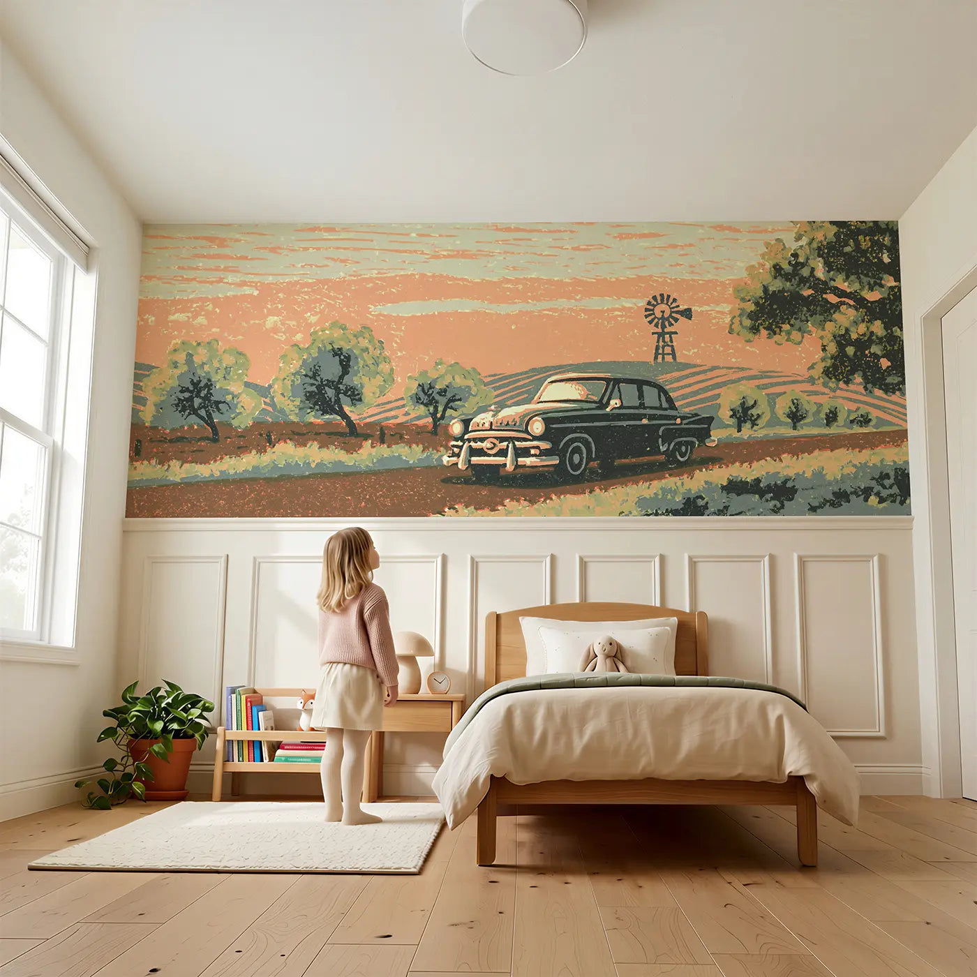 Child reading near Block Print Car Countryside Wainscoting Wallpaper by Whimsy Tots