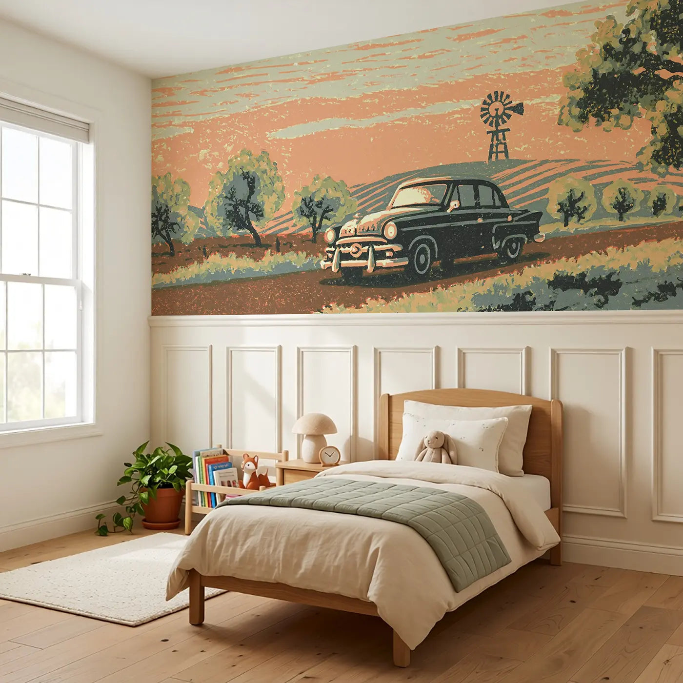 Block Print Car Countryside Wainscoting Wallpaper styled in a kids bedroom by Whimsy Tots