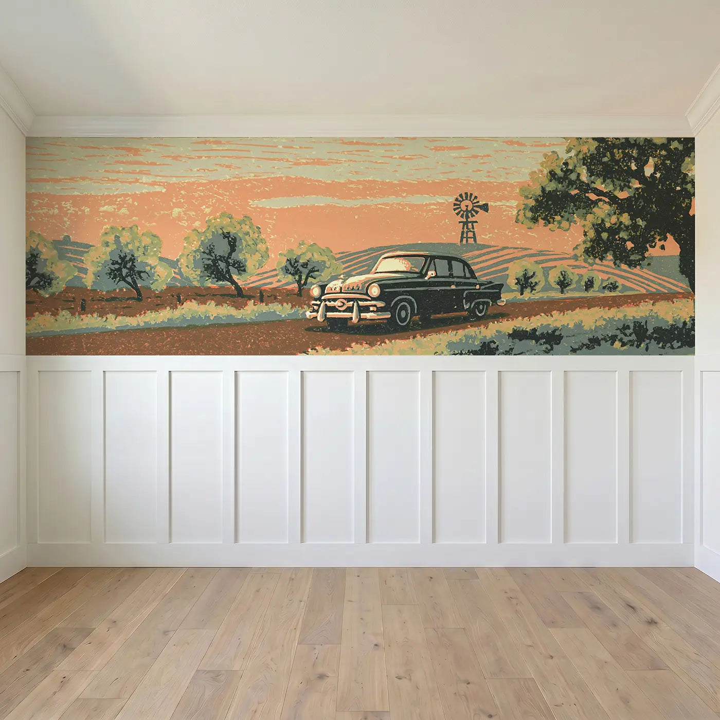 Full panel view of Block Print Car Countryside Wainscoting Wallpaper by Whimsy Tots