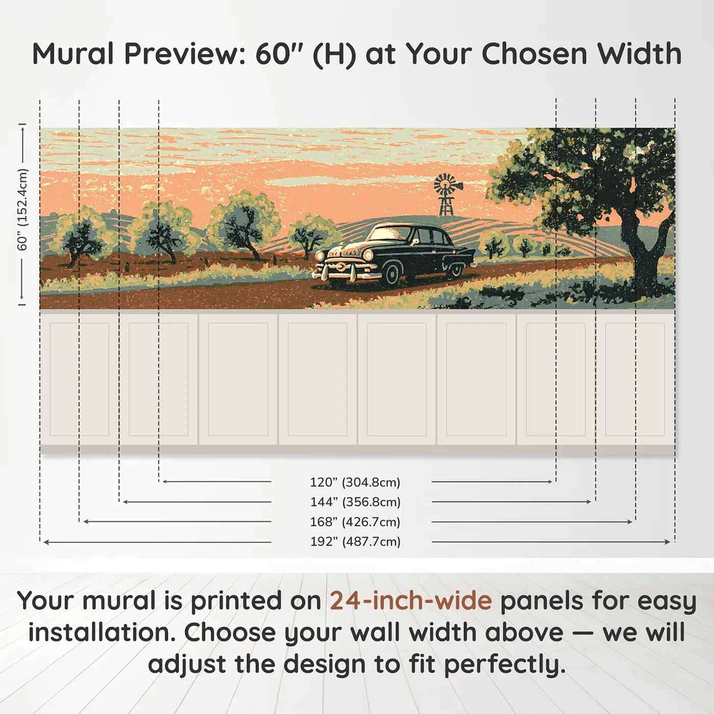 Panel dimensions for Block Print Car Countryside Wainscoting Wallpaper by Whimsy Tots