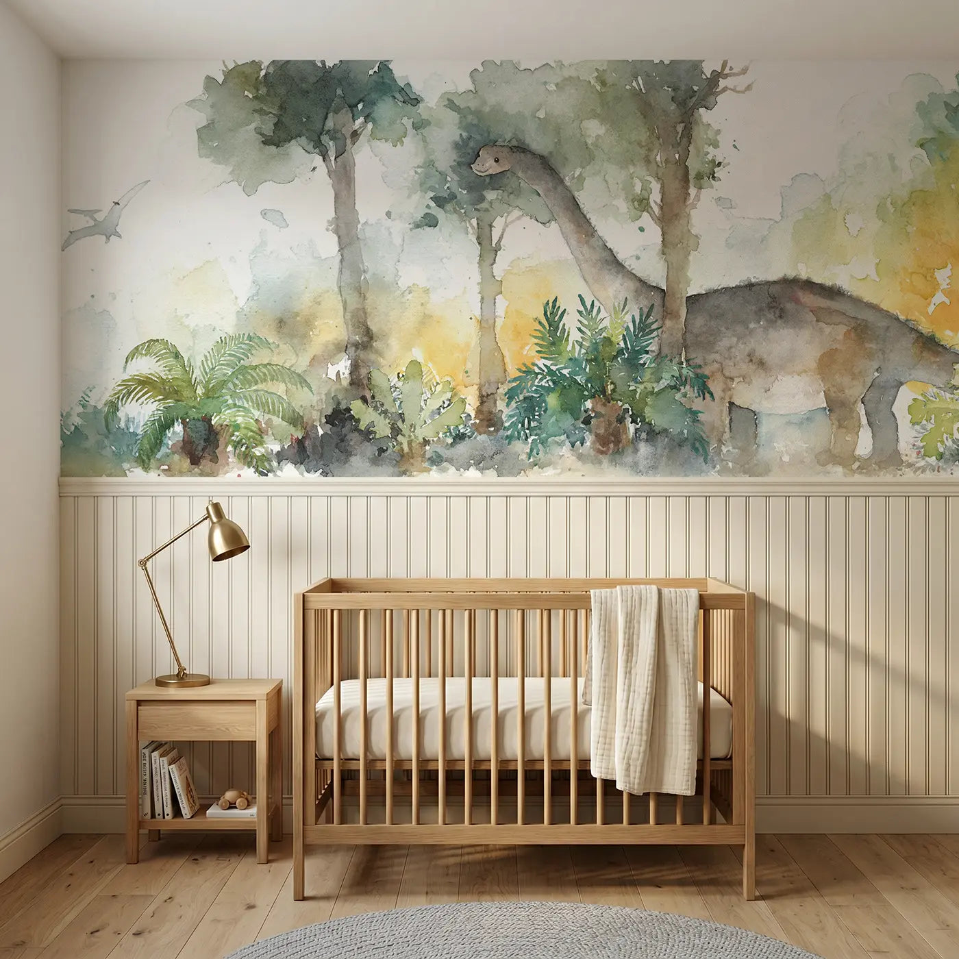 Watercolor brachiosaurus canopy reach wainscoting wallpaper for nursery by Whimsy Tots