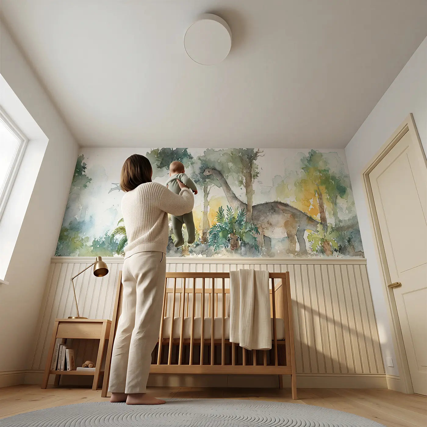 Child reading near Brachiosaurus Canopy Reach Wainscoting Wallpaper by Whimsy Tots