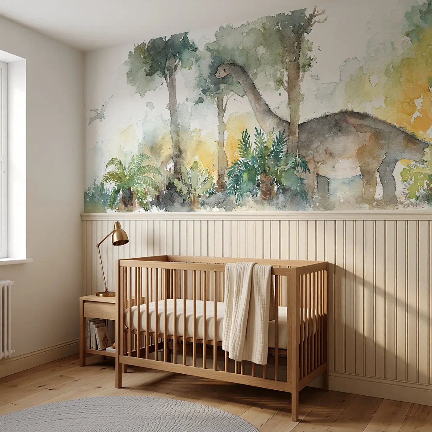 Brachiosaurus Canopy Reach Wainscoting Wallpaper styled in a kids bedroom by Whimsy Tots