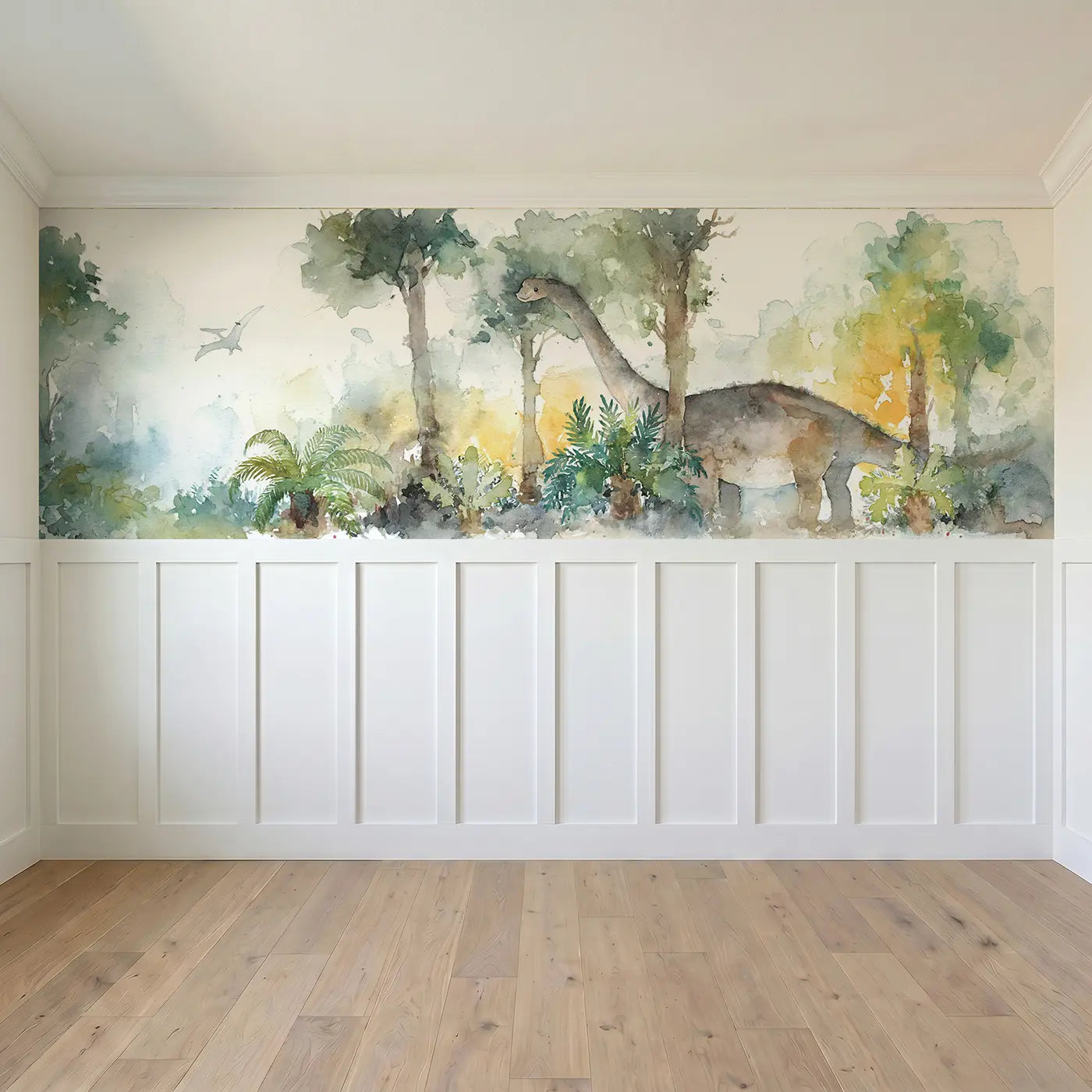 Full panel view of Brachiosaurus Canopy Reach Wainscoting Wallpaper by Whimsy Tots