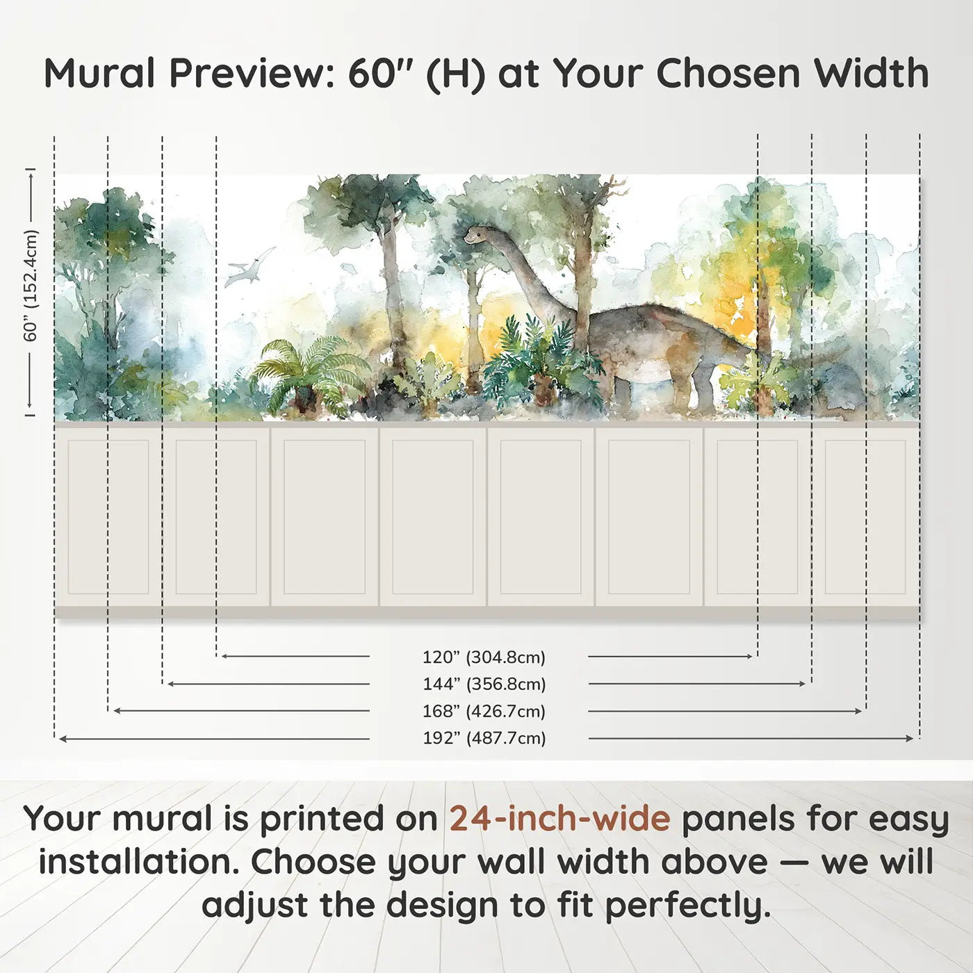 Panel dimensions for Brachiosaurus Canopy Reach Wainscoting Wallpaper by Whimsy Tots
