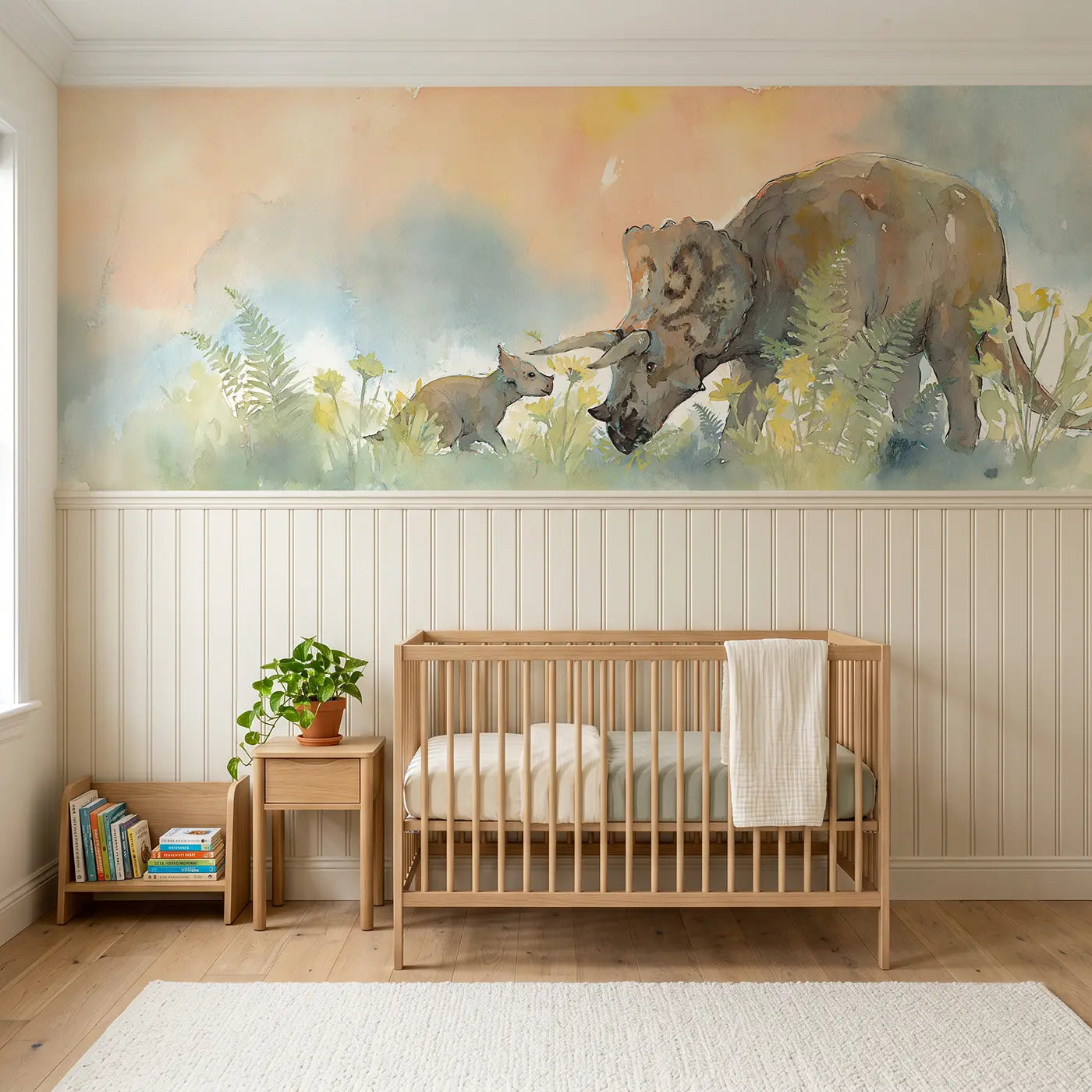 Watercolor triceratops meadow graze wainscoting wallpaper for nursery by Whimsy Tots