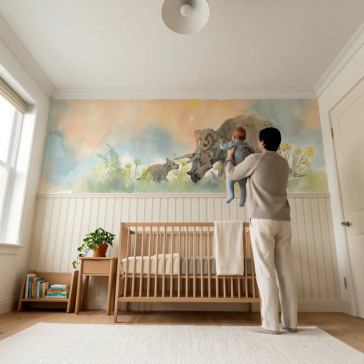 Child reading near Triceratops Meadow Graze Wainscoting Wallpaper by Whimsy Tots
