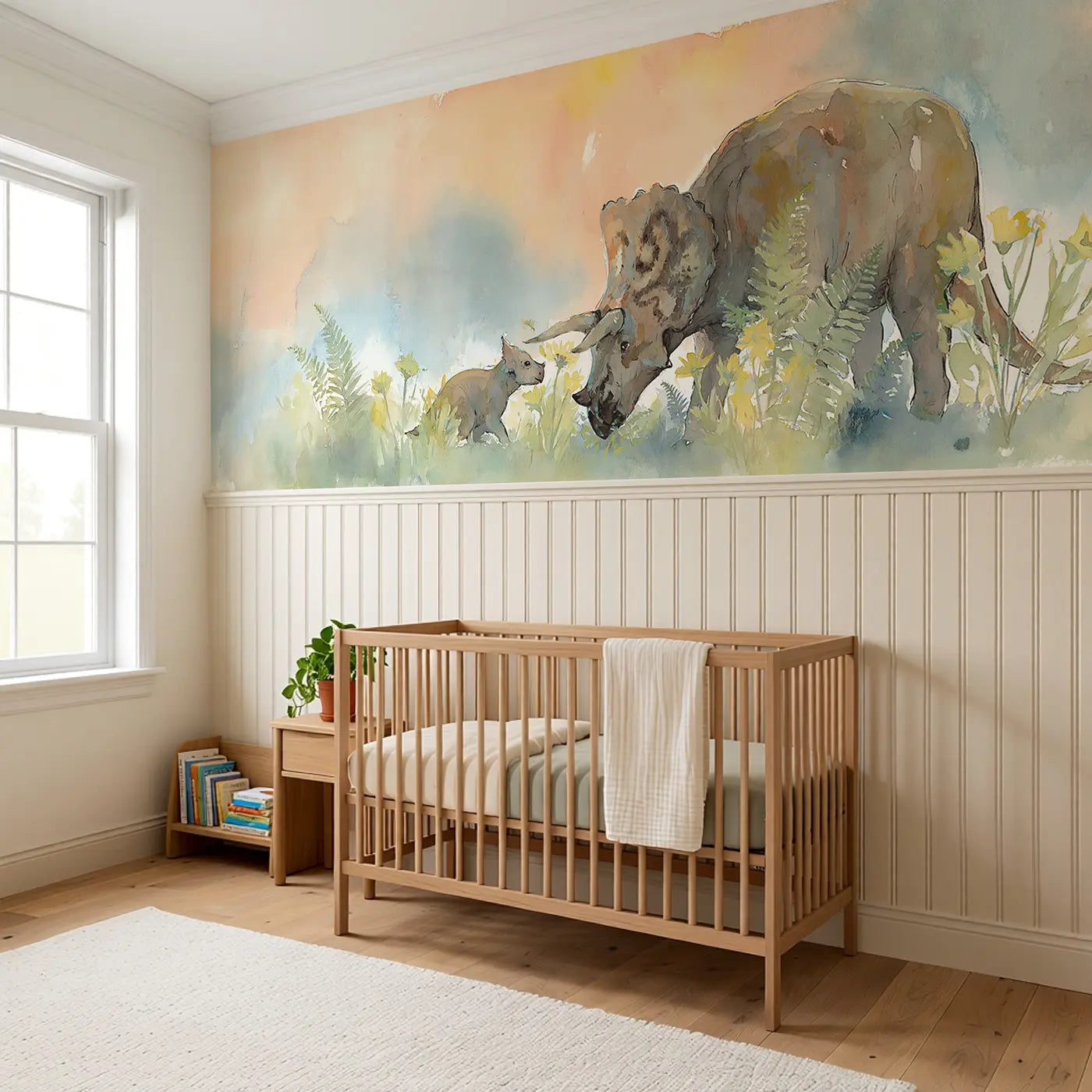 Triceratops Meadow Graze Wainscoting Wallpaper styled in a kids bedroom by Whimsy Tots