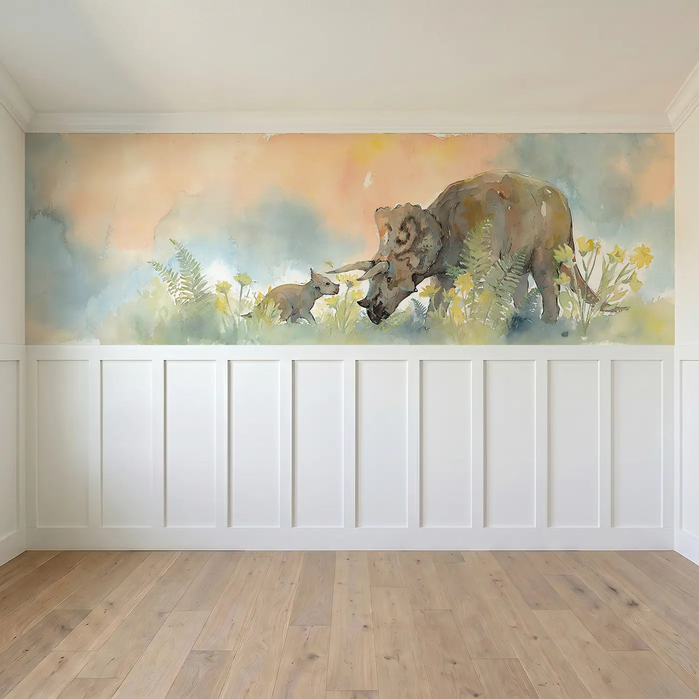 Full panel view of Triceratops Meadow Graze Wainscoting Wallpaper by Whimsy Tots