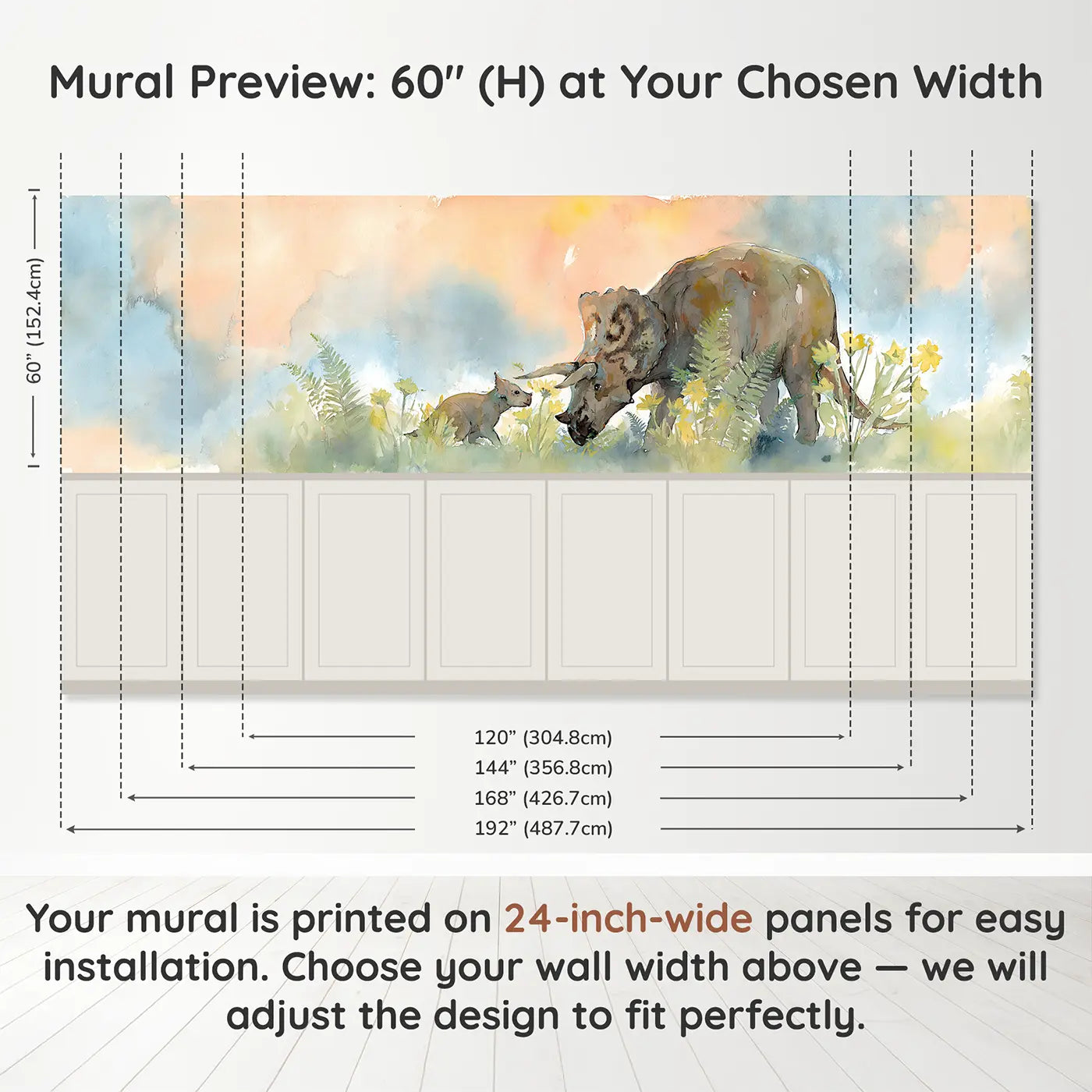 Panel dimensions for Triceratops Meadow Graze Wainscoting Wallpaper by Whimsy Tots