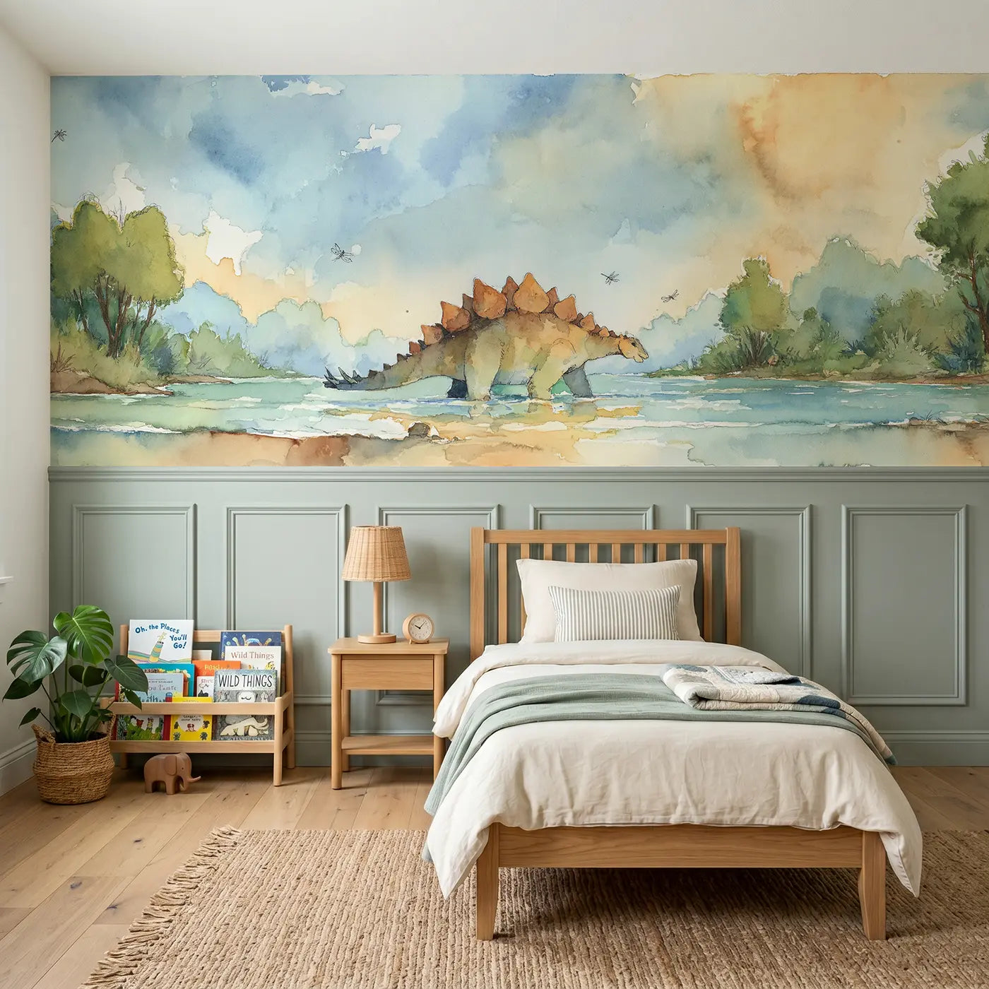 Watercolor stegosaurus river crossing wainscoting wallpaper for bedroom by Whimsy Tots