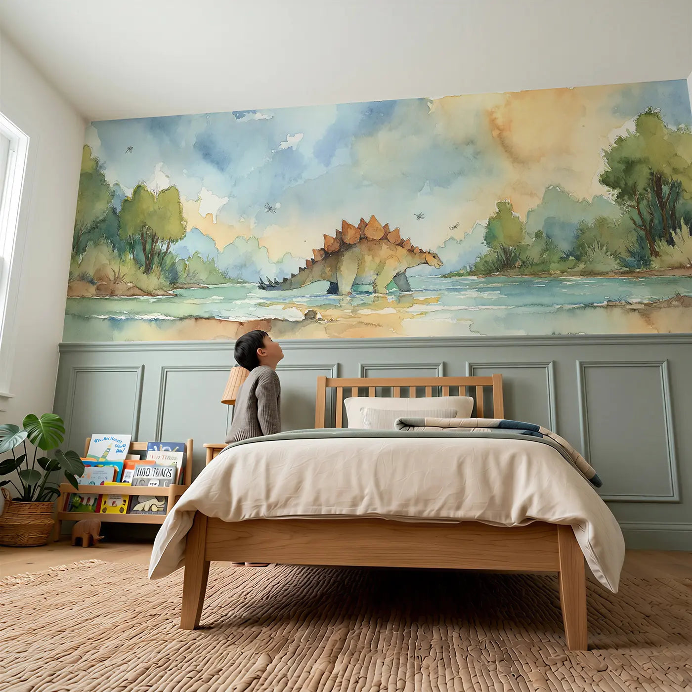 Child reading near Stegosaurus River Crossing Wainscoting Wallpaper by Whimsy Tots