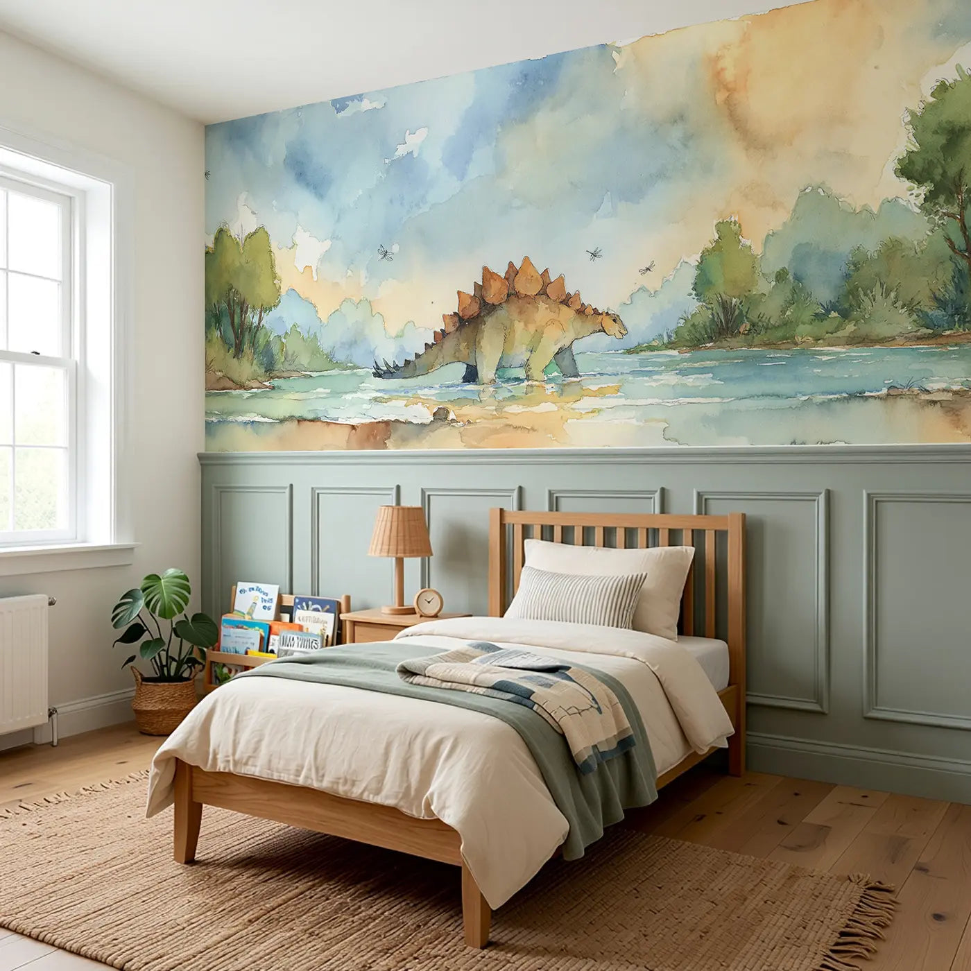 Stegosaurus River Crossing Wainscoting Wallpaper styled in a kids bedroom by Whimsy Tots