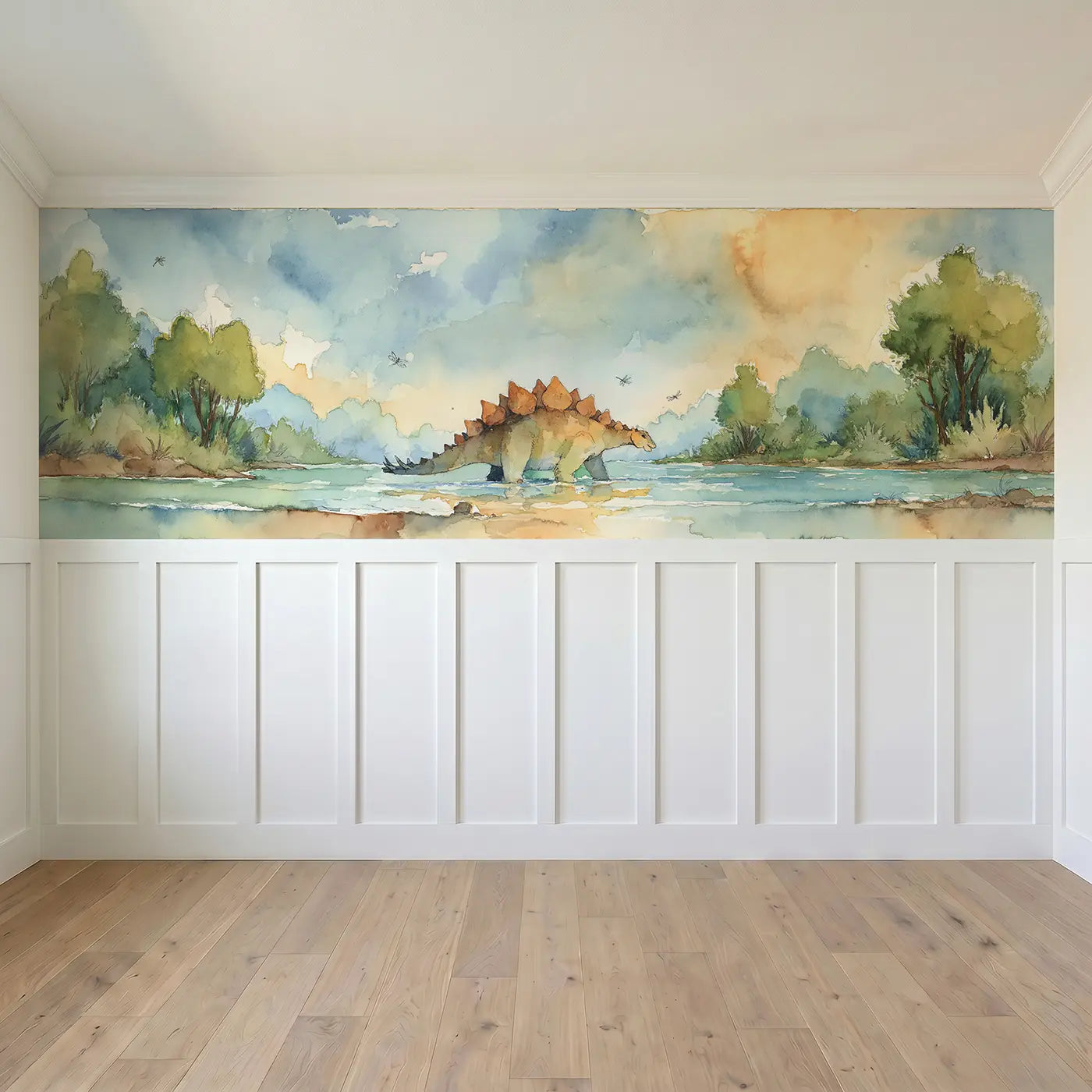 Full panel view of Stegosaurus River Crossing Wainscoting Wallpaper by Whimsy Tots