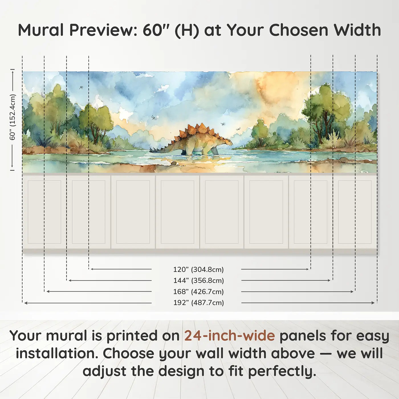 Panel dimensions for Stegosaurus River Crossing Wainscoting Wallpaper by Whimsy Tots